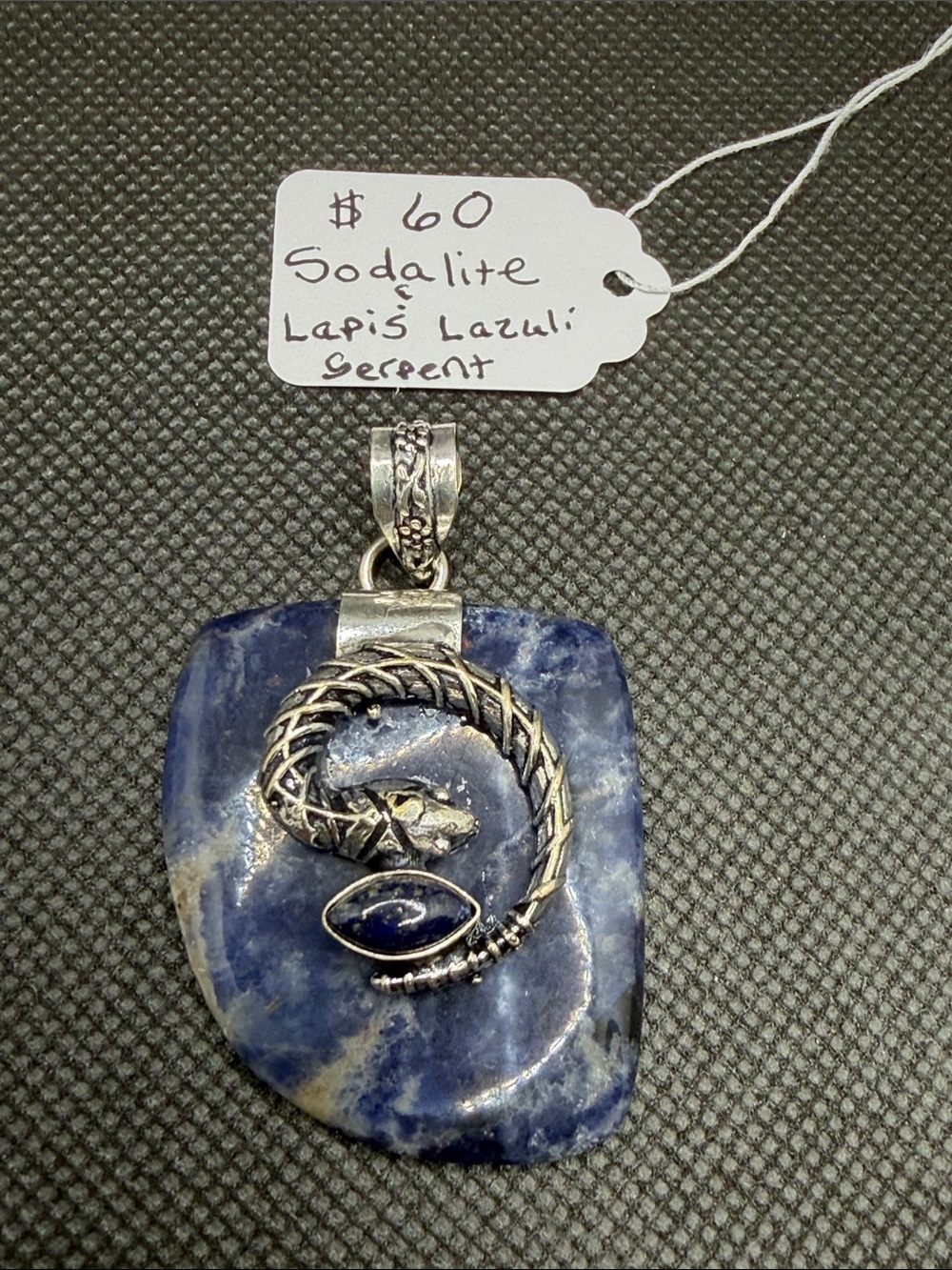 Sodalite and Blue Lapis Lazuli Serpent Pendant 925 Silver 2.10”